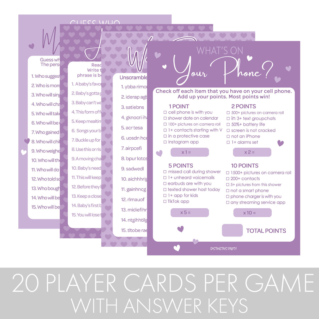 Sweet Baby Girl: Purple- Baby Shower Game Bundle - Guess Who: Mommy or Daddy, All Things Baby, What's On Your Phone & Word Scramble - 4 Games for 20 Players - 40 Dual Sided Cards