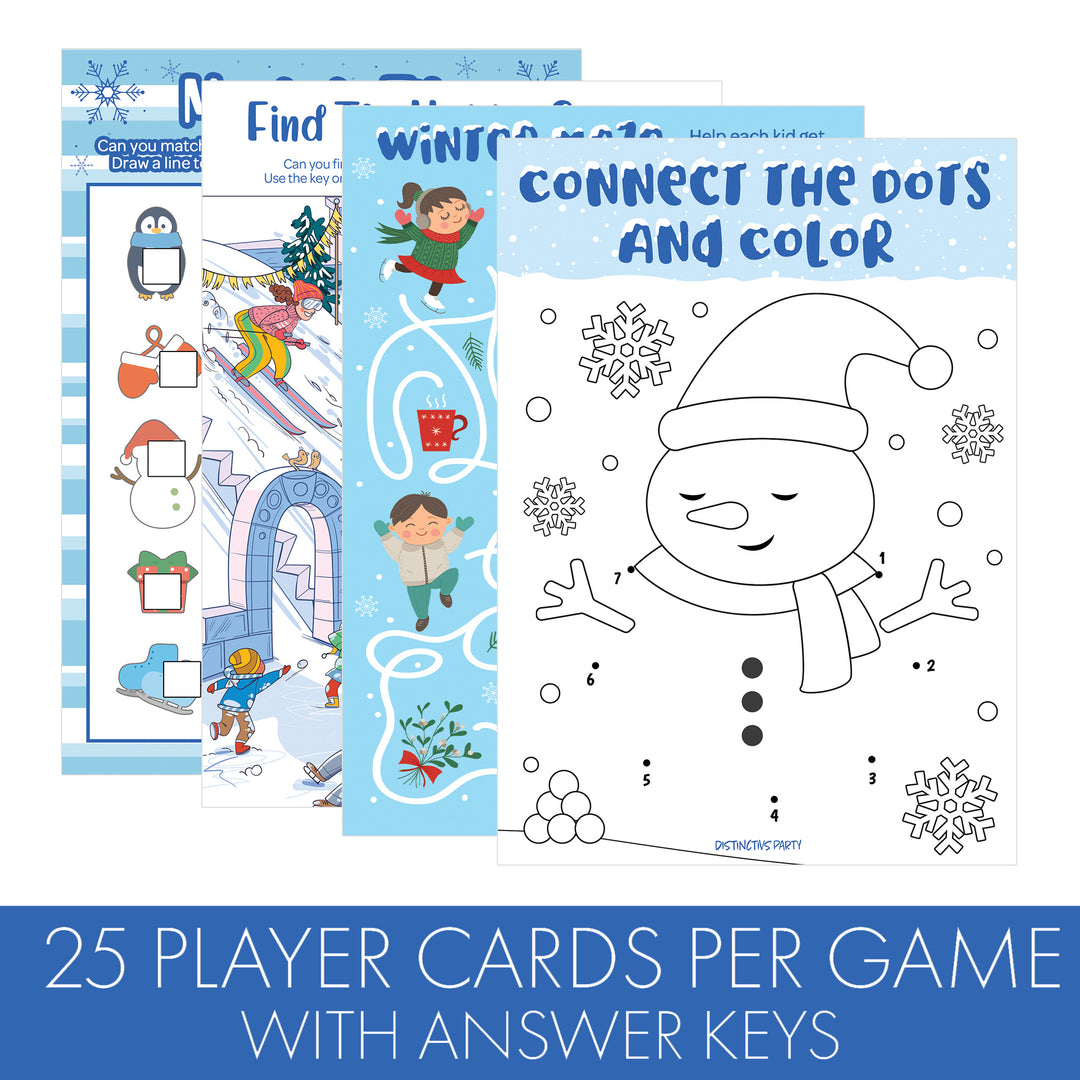 Winter Games: Blue Snowflakes - Hidden Objects, Matching, Maze, Connect the Dots - Preschool - 4 Game Bundle for 25 Kids