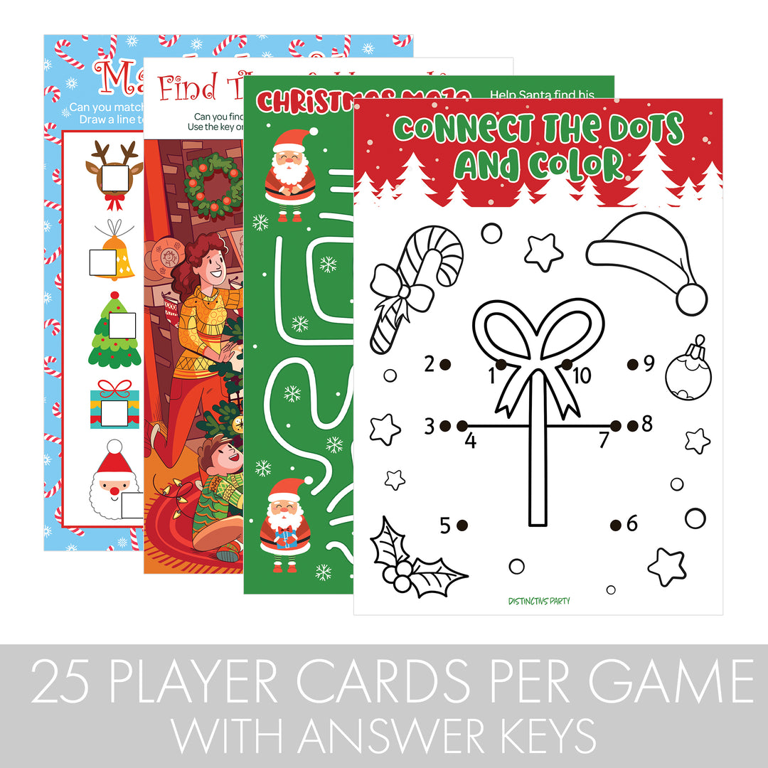 Christmas Cheer: Christmas Party Game Bundle- Hidden Objects, Matching, Maze, Connect the Dots - Preschool - 4 Game Bundle for 25 Kids