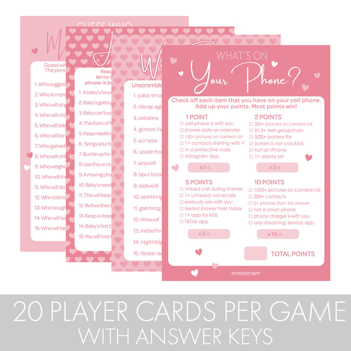 Sweet Baby Girl: Pink- Baby Shower Game Bundle - Guess Who: Mommy or Daddy, All Things Baby, What's On Your Phone & Word Scramble - 4 Games for 20 Players - 40 Dual Sided Cards