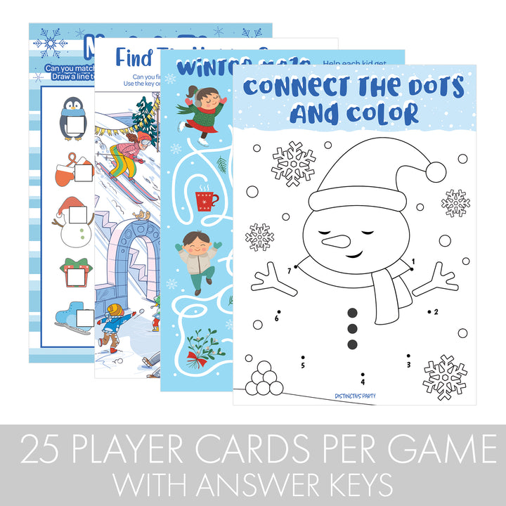 Winter Games: Blue Snowflakes - Hidden Objects, Matching, Maze, Connect the Dots - Preschool - 4 Game Bundle for 25 Kids