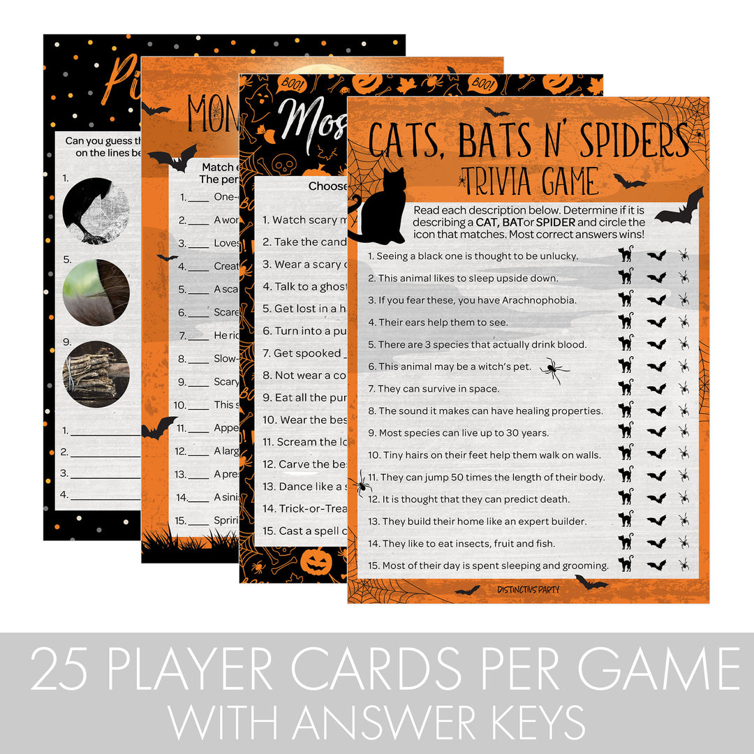 Full Moon: Halloween Party Game Bundle - Monster Matchup, Most Likely To, Picture Quiz & Cats, Bats N' Spiders Trivia Game - 4 Games for 25 Players - 50 Dual Sided Cards