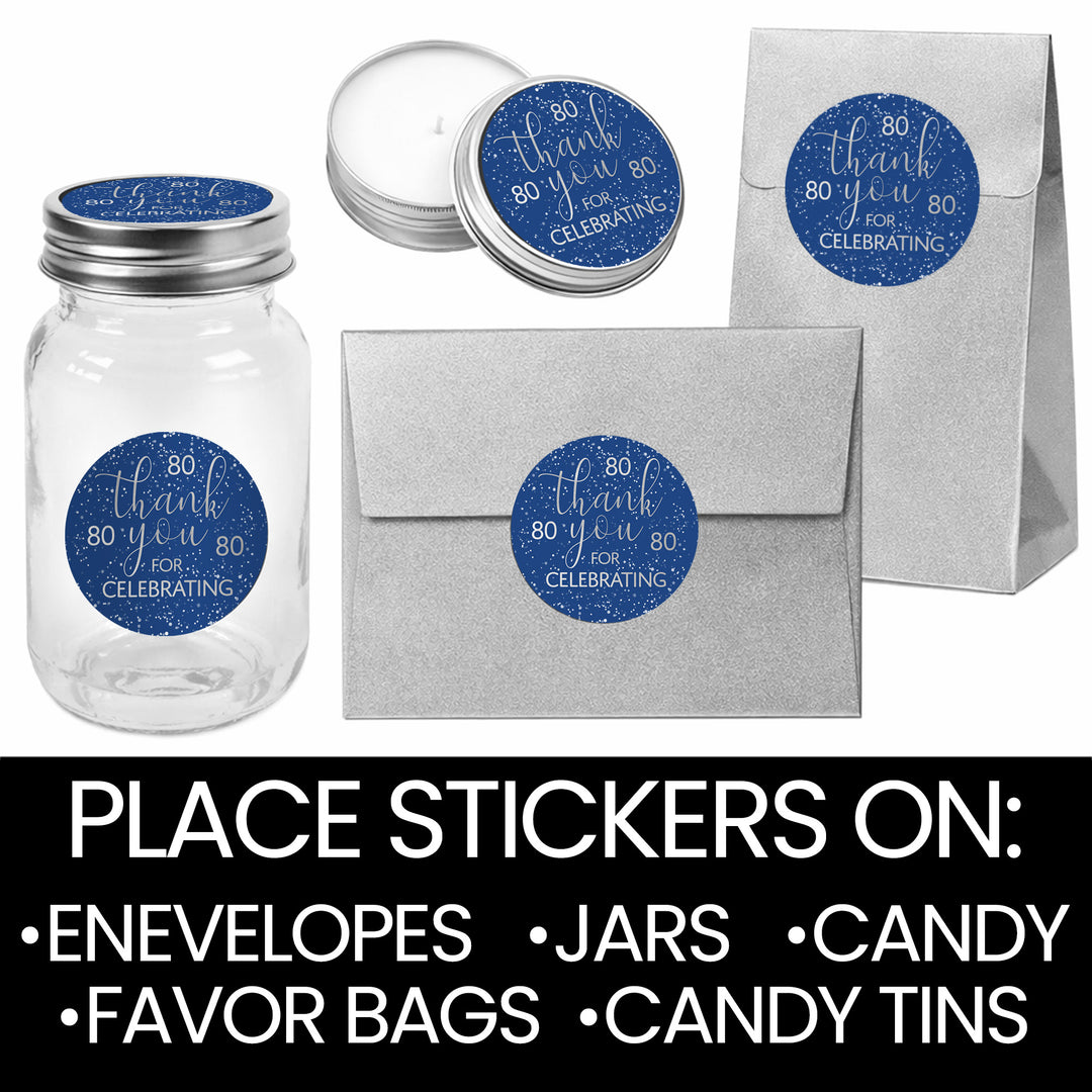 Blue and Silver 80th Birthday Thank You Stickers - 40 Stickers