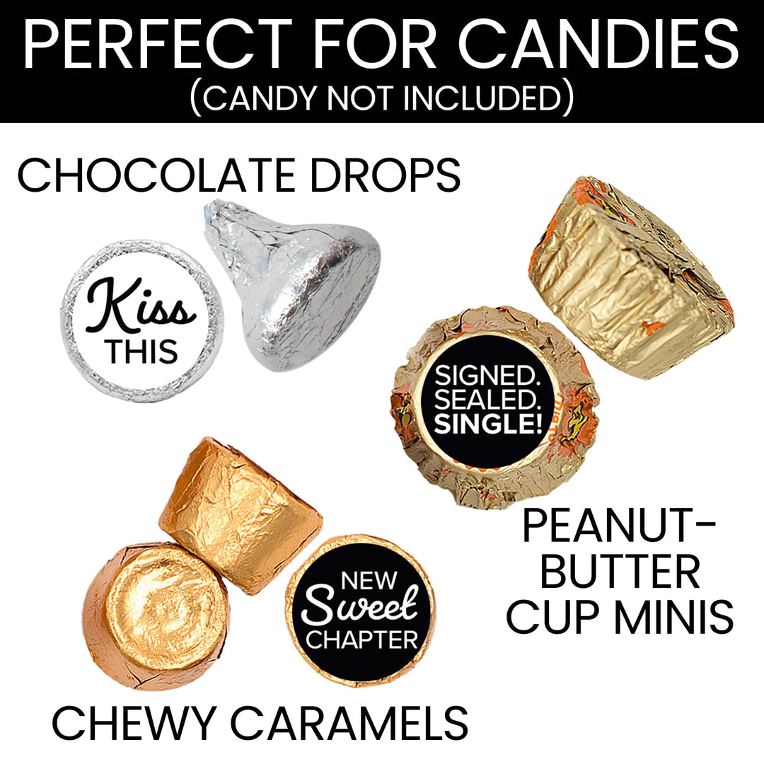 Signed Sealed Single Divorce Party Candy Stickers for Chocolate Kisses – 216 Black & White Party Favor Labels