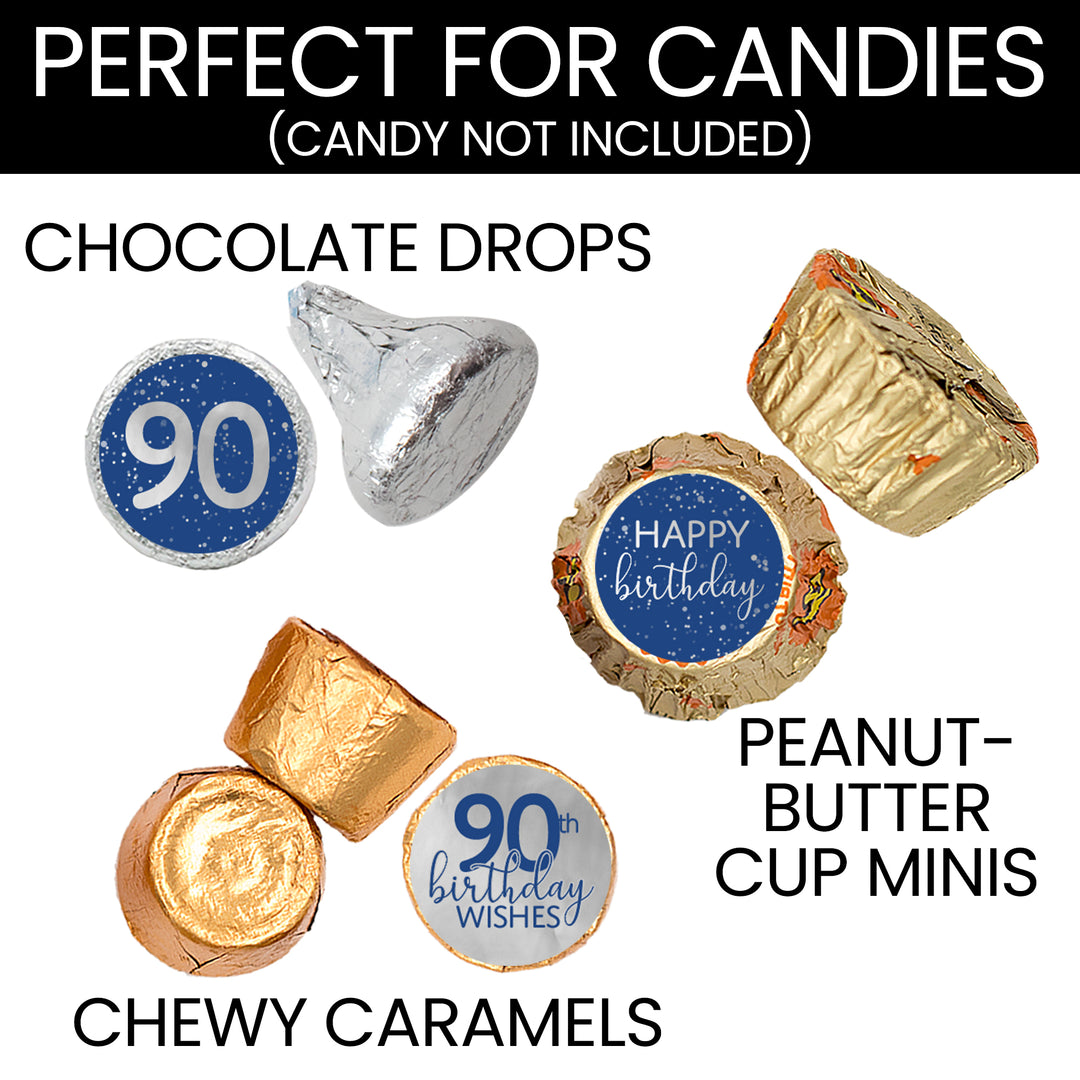 Blue and Silver 90th Birthday Stickers - Fits Hershey's Kisses Candy - 216 Labels