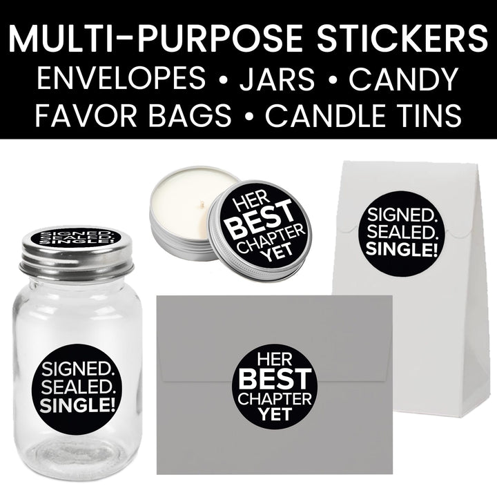 Signed Sealed Single Divorce Party Round Stickers – 40 Black & White Favor Labels and Envelope Seals, 1.75 Inch