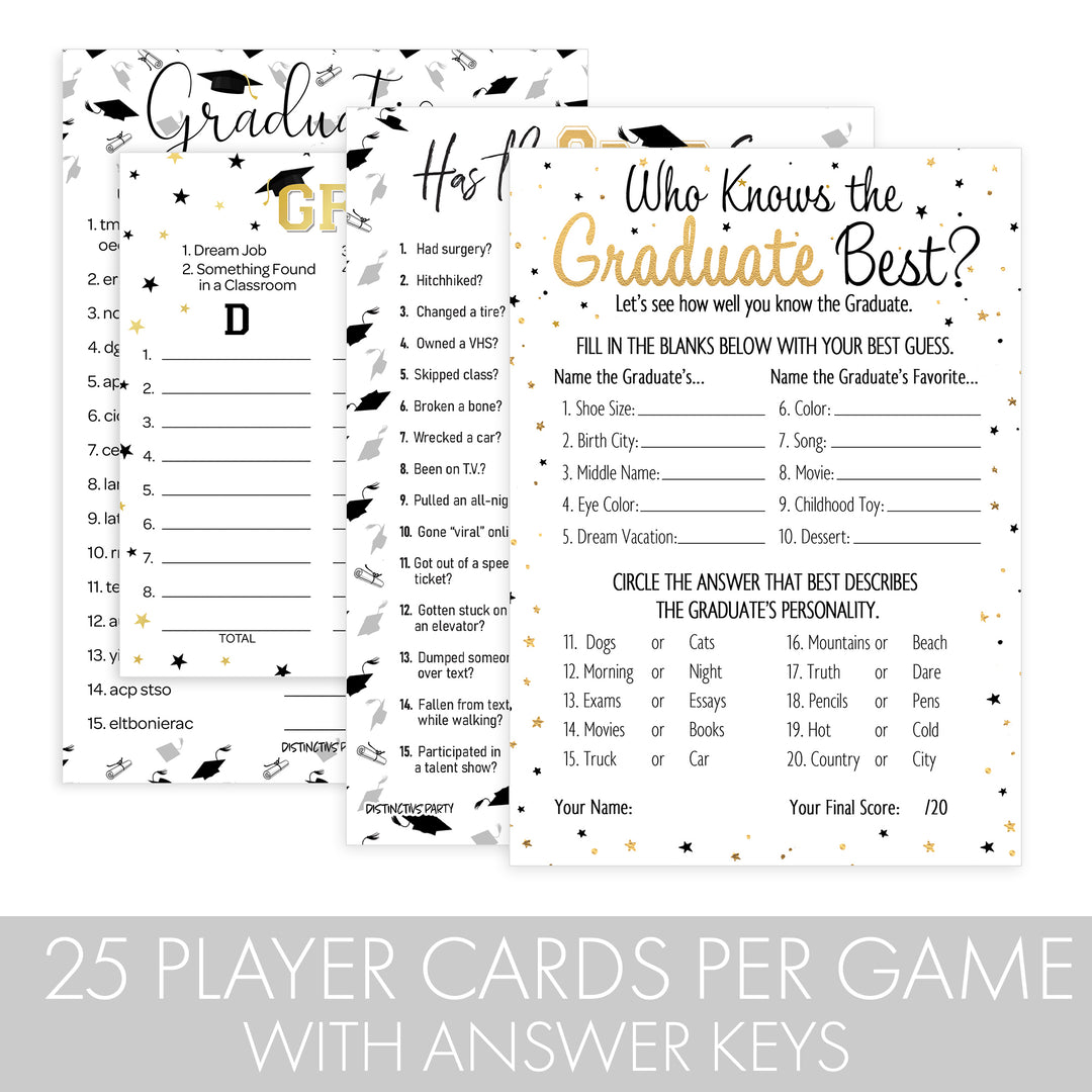 Graduation Party Game: Who Knows the Grad Best, Has the Grad Ever, Scattergories, and Word Scramble- Class of 2025 - Four Game Bundle - 25 Dual-Sided Game Cards