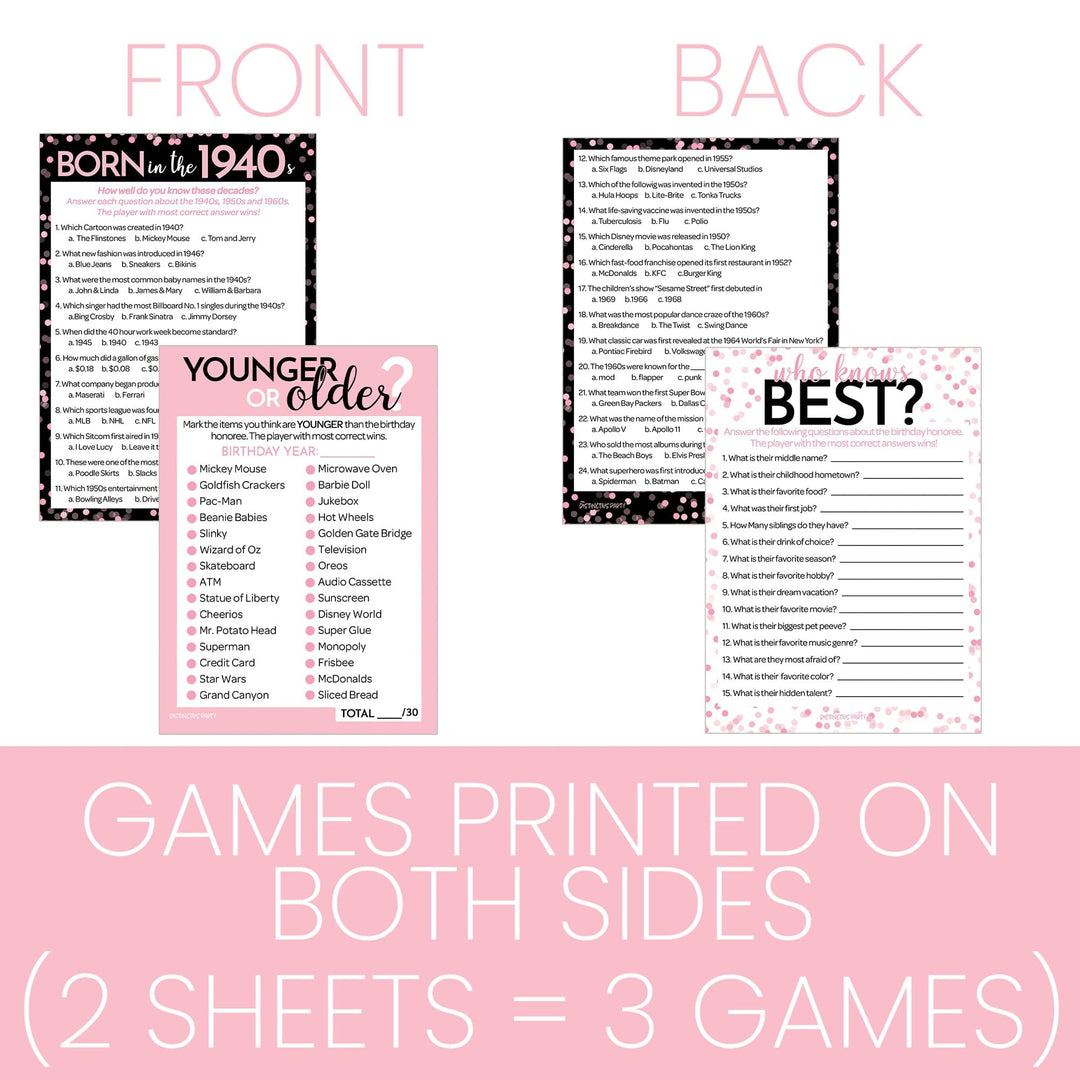 Born in The 1940s Pink & Black Birthday - Adult Birthday - Party Game Bundle - 3 Games for 20 Guests - Distinctivs Party