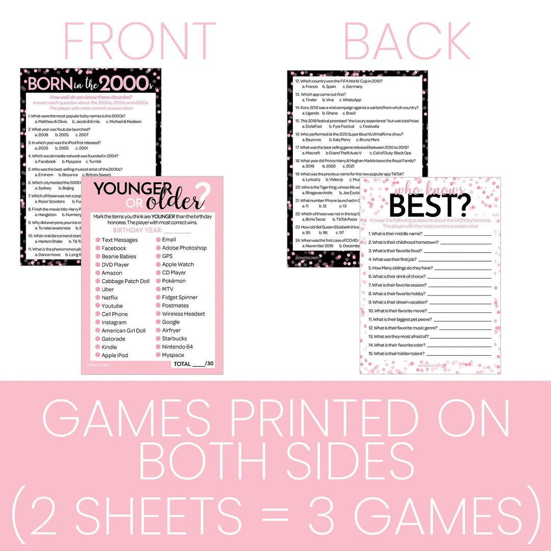 Born in The 2000s Pink & Black - Adult Birthday - Party Game Bundle - 3 Games for 20 Guests - Distinctivs Party