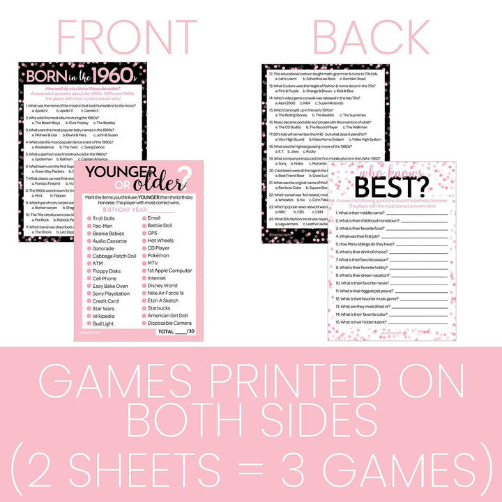 Born in The 1960s Pink & Black - Adult Birthday - Party Game Bundle - 3 Games for 20 Guests - Distinctivs Party