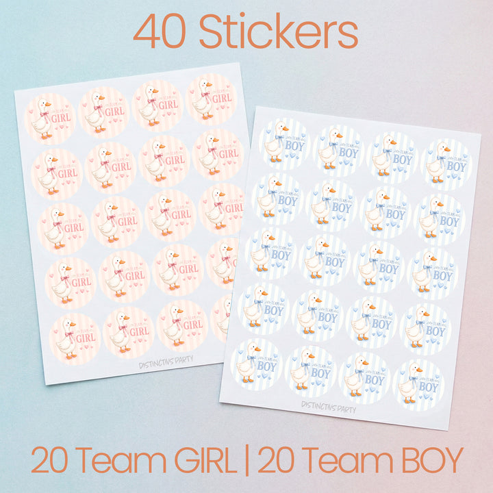 Two sheets of round baby shower stickers showing 20 Team GIRL and 20 Team BOY stickers, with text indicating a total of 40 stickers.