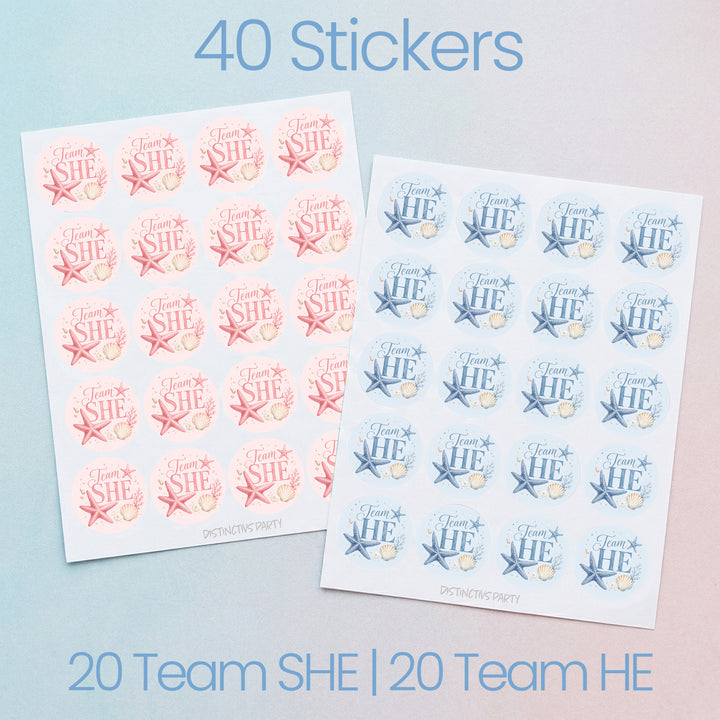 Two sticker sheets on a pale blue background with text reading '40 Stickers' at the top and '20 Team SHE | 20 Team HE' at the bottom. One sheet has pink and white stickers, and the other has blue and white stickers.