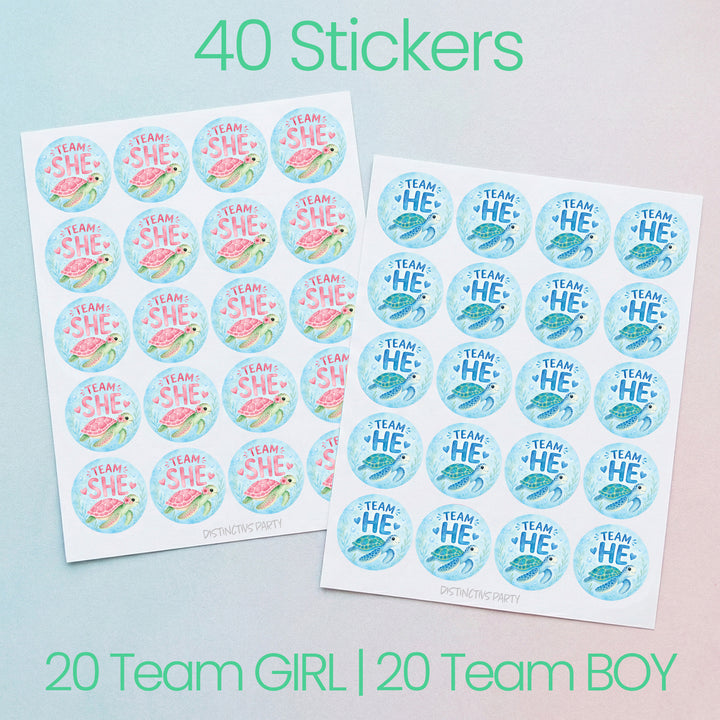 Two sheets of round stickers on a pale pink background with text reading '40 Stickers' and '20 Team GIRL | 20 Team BOY'. Each sticker has a light blue circle, the words 'TEAM GIRL' or 'TEAM BOY' in sea turtle theme. 
