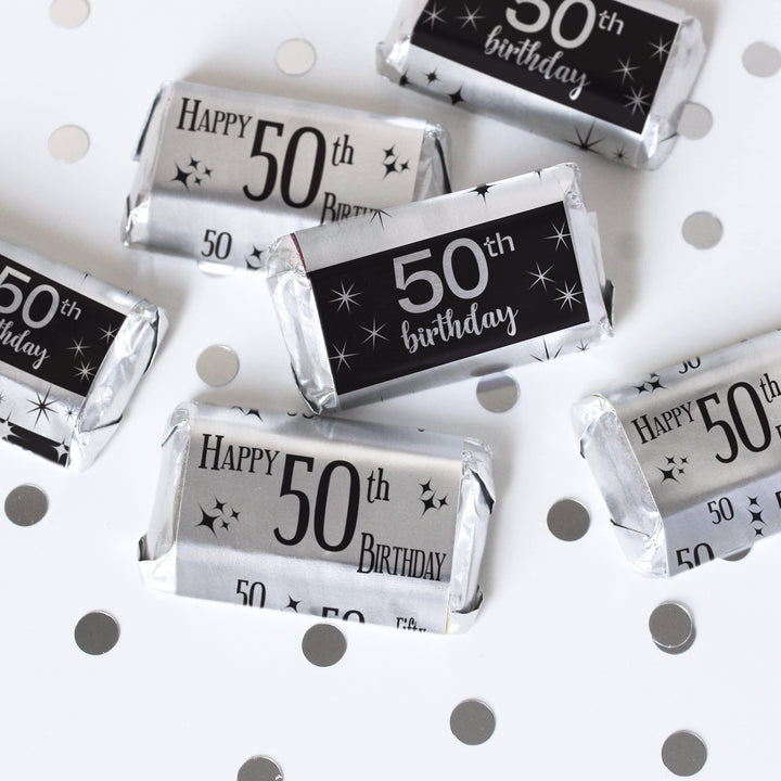 50th Birthday: Black and Silver Foil - Adult Birthday -   Hershey's Miniatures Candy Bar Wrappers Stickers - 45 Stickers - Distinctivs Party