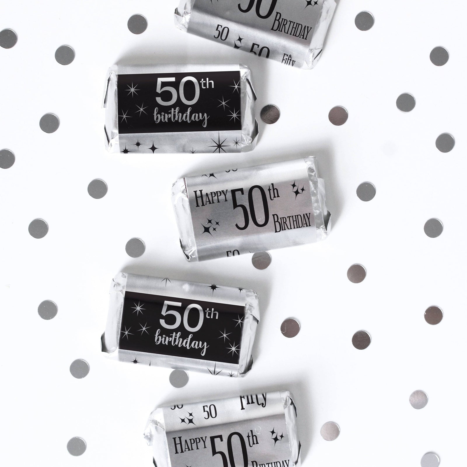 50th Birthday: Black and Silver Foil - Adult Birthday -   Hershey's Miniatures Candy Bar Wrappers Stickers - 45 Stickers - Distinctivs Party