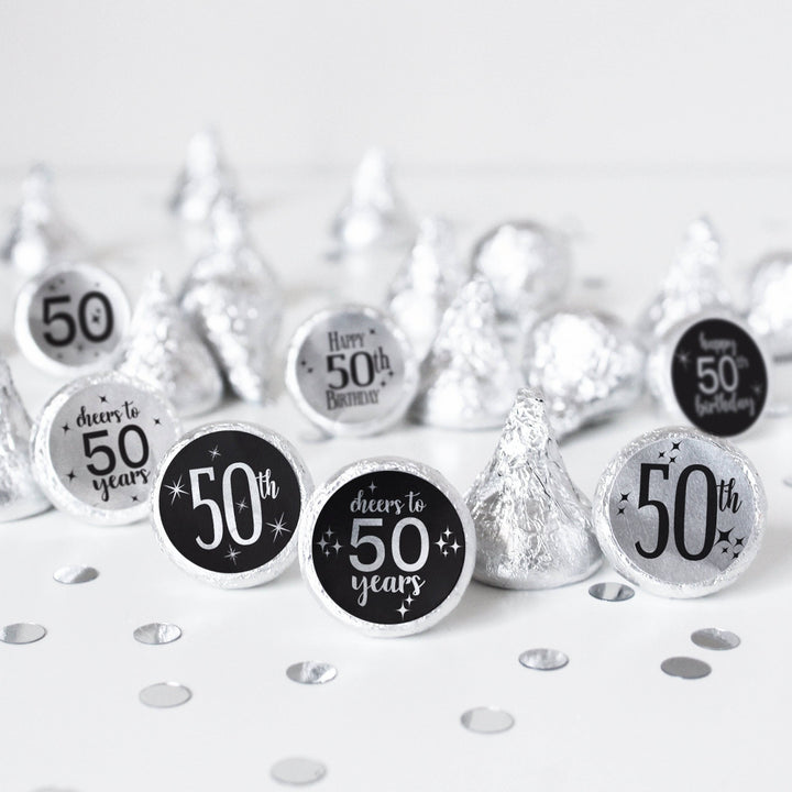 50th Birthday: Black and Silver Foil - Adult Birthday -  Party Favor Stickers - Fits on Hershey's Kisses - 180 Stickers - Distinctivs Party