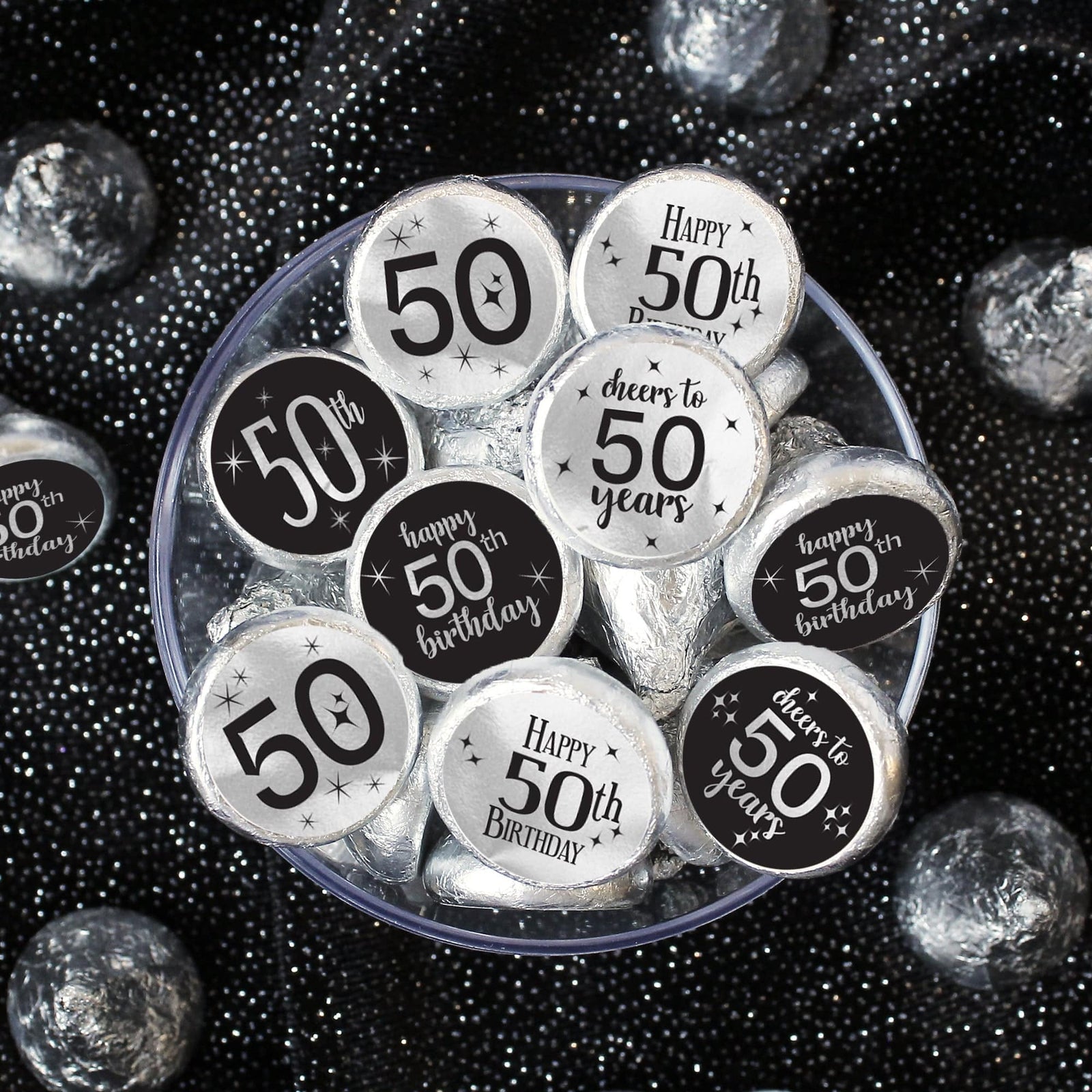 50th Birthday: Black and Silver Foil - Adult Birthday -  Party Favor Stickers - Fits on Hershey's Kisses - 180 Stickers - Distinctivs Party