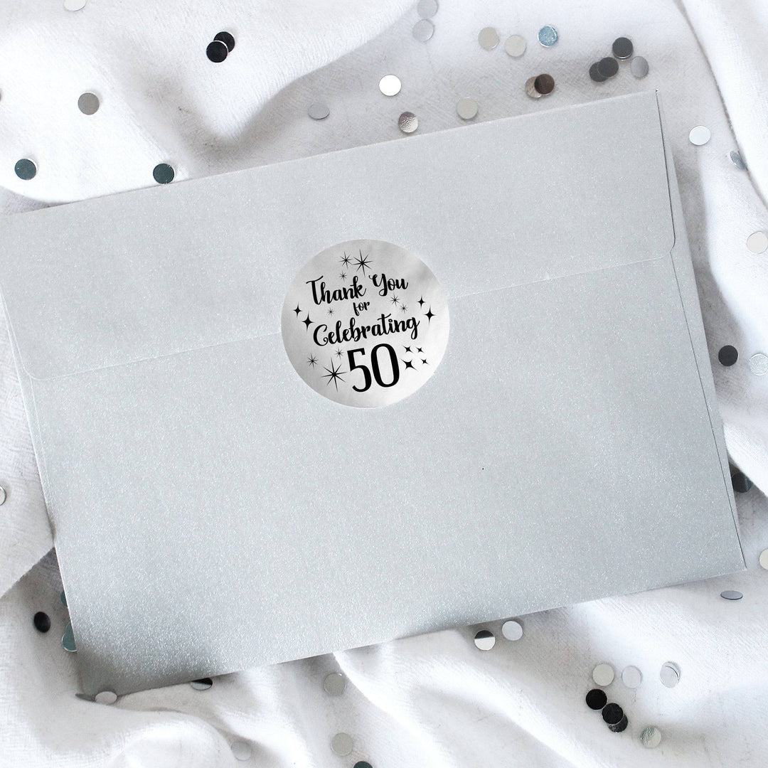 50th Birthday: Black and Silver Foil - Adult Birthday -  Thank You Round Favor Stickers - 40 Stickers - Distinctivs Party