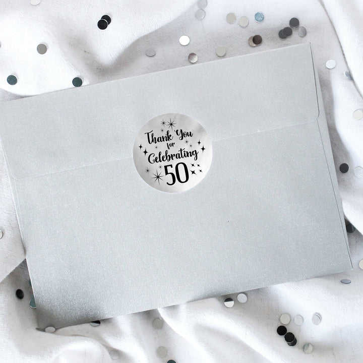 50th Birthday: Black and Silver Foil - Adult Birthday -  Thank You Round Favor Stickers - 40 Stickers - Distinctivs Party