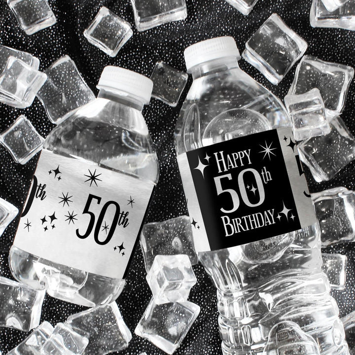 50th Birthday: Black and Silver Foil - Adult Birthday -  Water Bottle Label Stickers - 24 Waterproof Stickers - Distinctivs Party