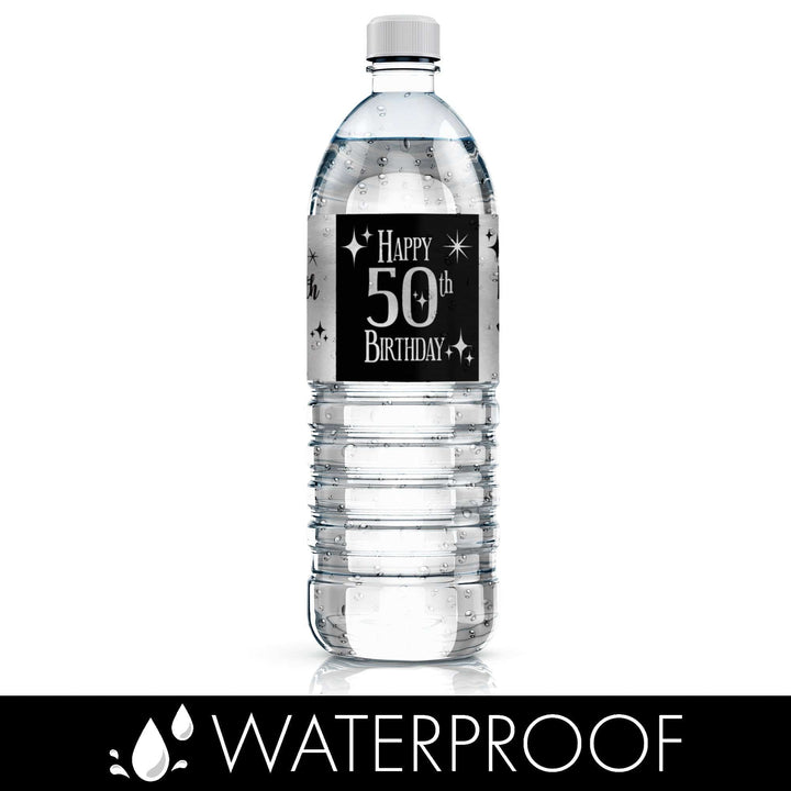 50th Birthday: Black and Silver Foil - Adult Birthday -  Water Bottle Label Stickers - 24 Waterproof Stickers - Distinctivs Party