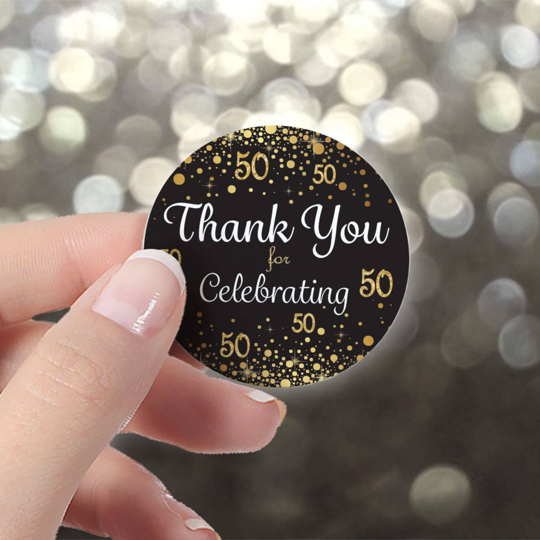 50th Birthday: Black & Gold - Adult Birthday -  Thank You Stickers - 40 Stickers - Distinctivs Party