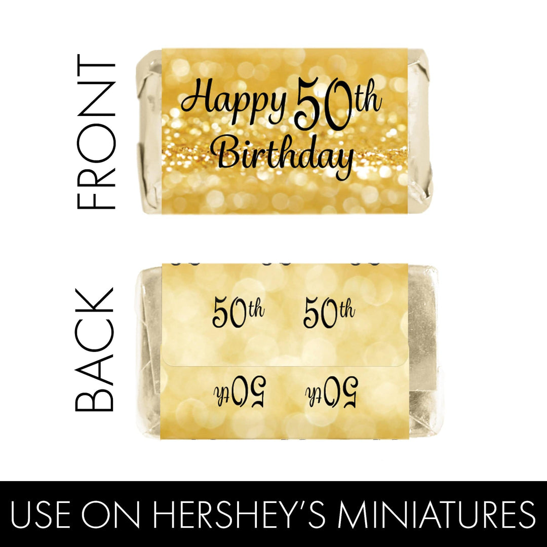 50th Birthday: Black & Gold - Hershey's Miniatures Candy Bar Wrappers Stickers - 45 Stickers - Distinctivs Party