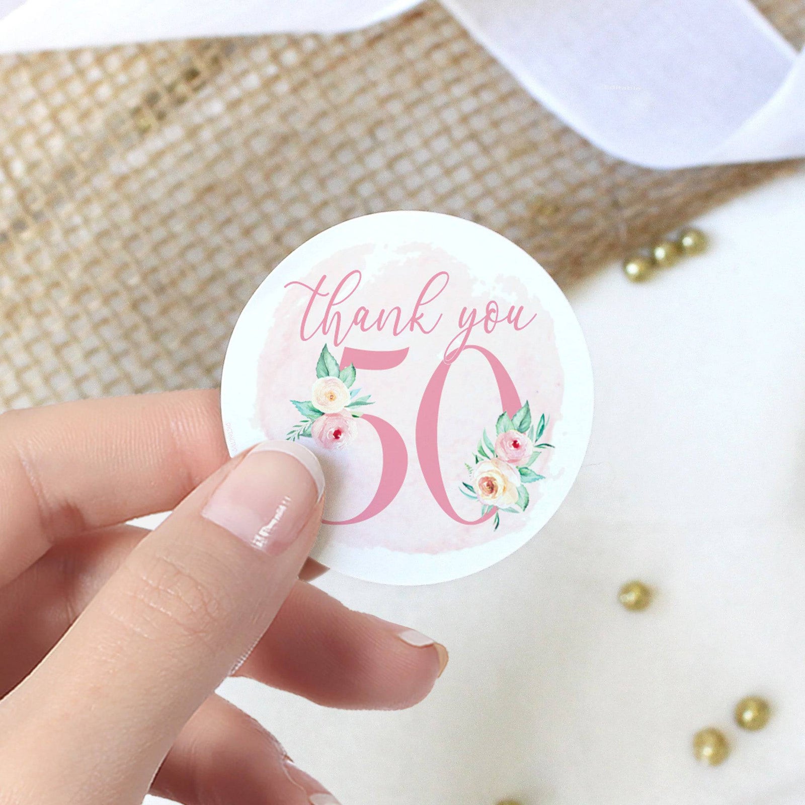 50th Birthday: Floral - Circle Label Thank You Stickers - 40 Stickers - Distinctivs Party