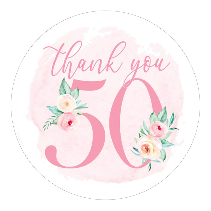 50th Birthday: Floral - Circle Label Thank You Stickers - 40 Stickers - Distinctivs Party