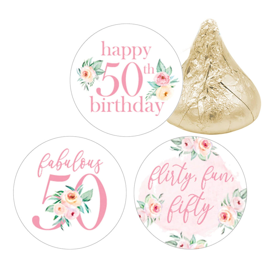 50th Birthday: Floral - Favor Stickers Fits on Hershey's Kisses - 180 Stickers - Distinctivs Party