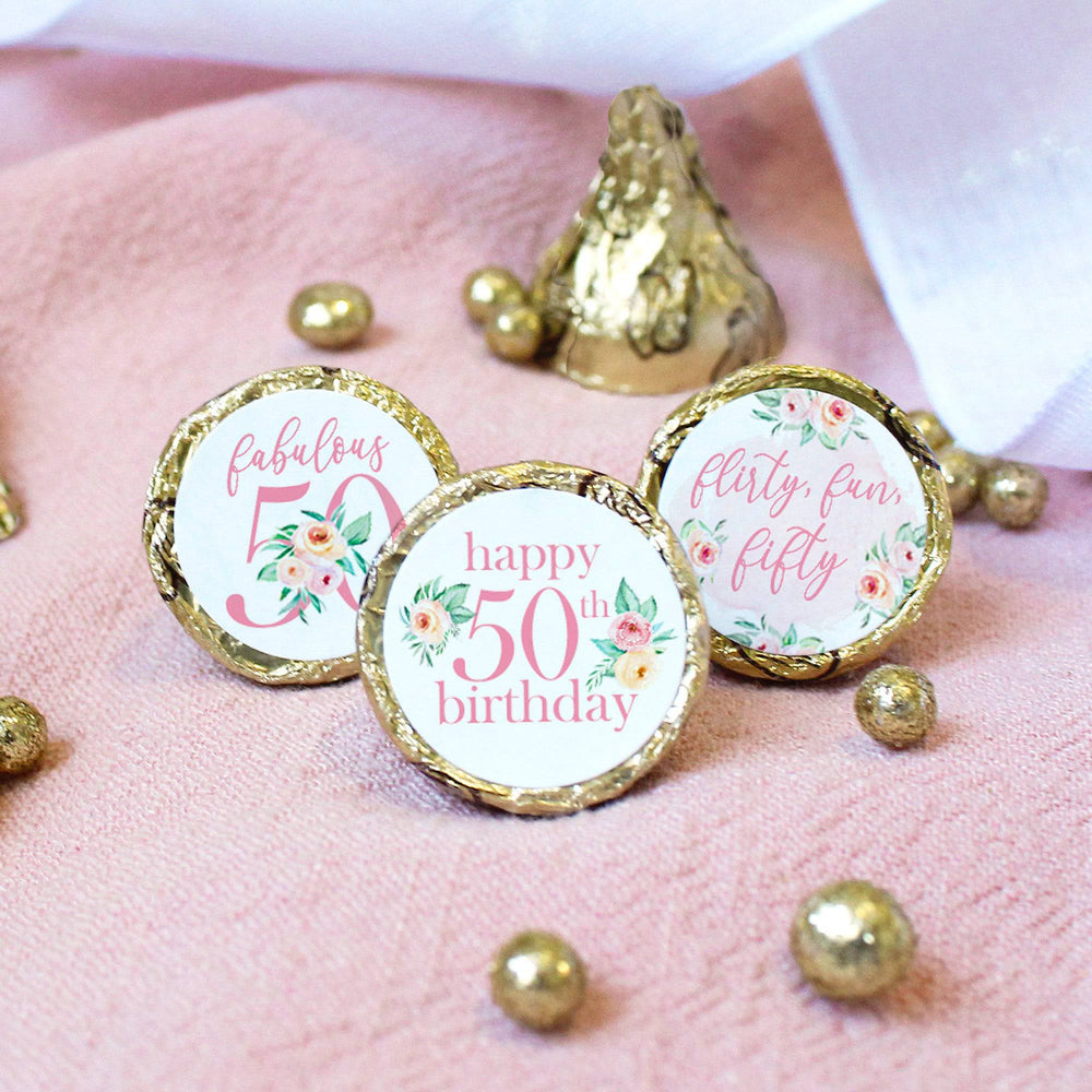 50th Birthday: Floral - Favor Stickers Fits on Hershey's Kisses - 180 Stickers - Distinctivs Party