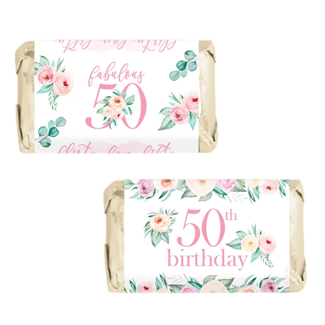 50th Birthday: Floral - Hershey's Miniatures Candy Bar Wrappers - 45 Stickers