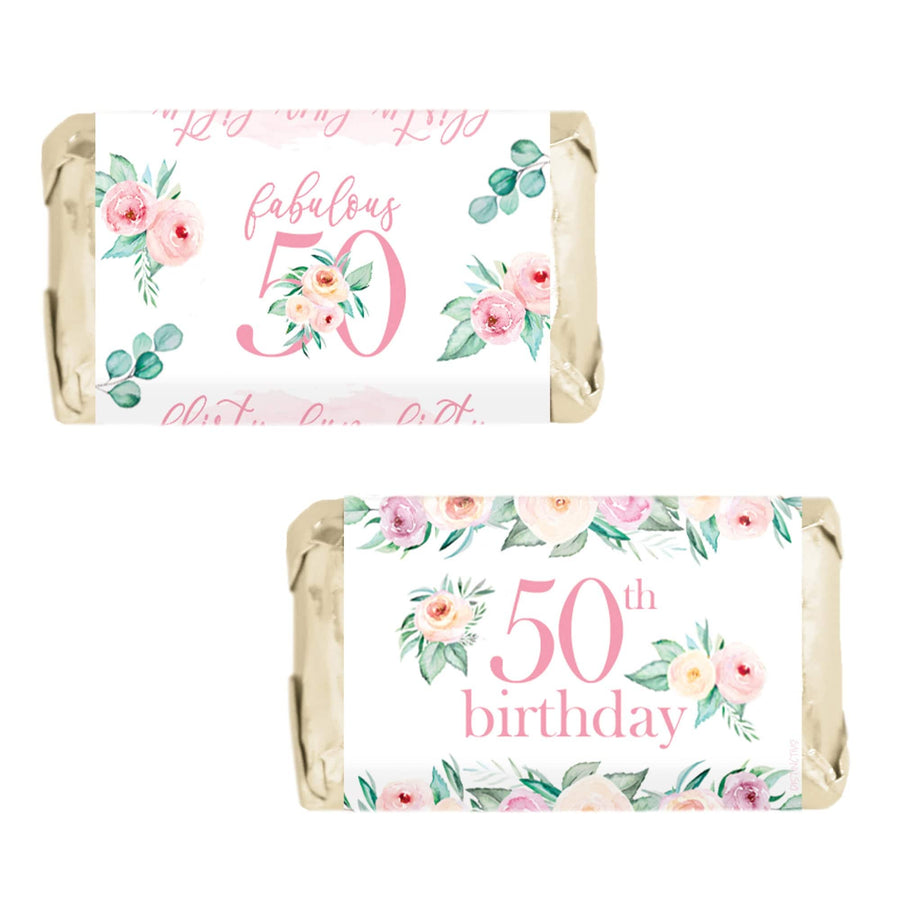 50th Birthday: Floral - Hershey's Miniatures Candy Bar Wrappers - 45 Stickers - Distinctivs Party