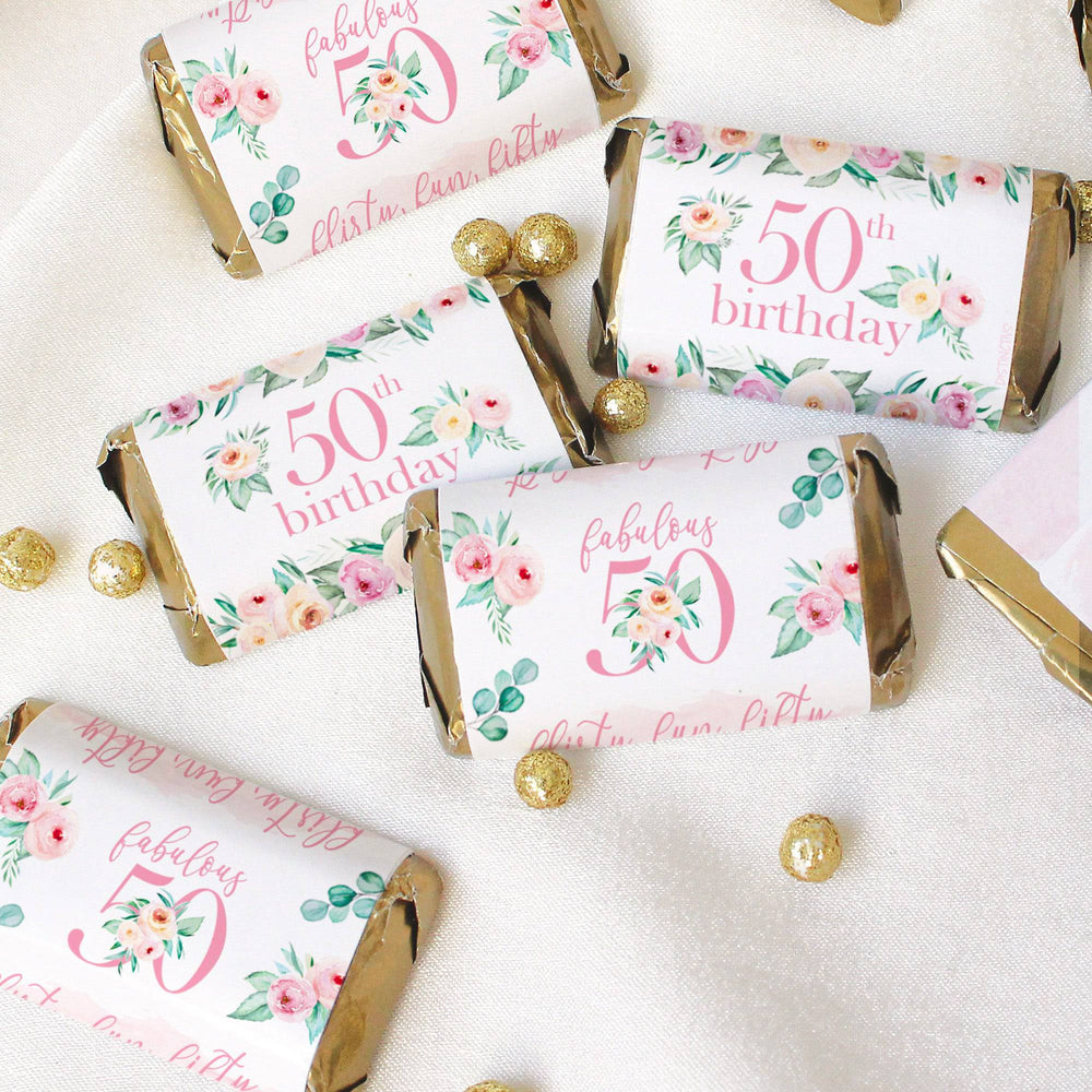 50th Birthday: Floral - Hershey's Miniatures Candy Bar Wrappers - 45 Stickers - Distinctivs Party