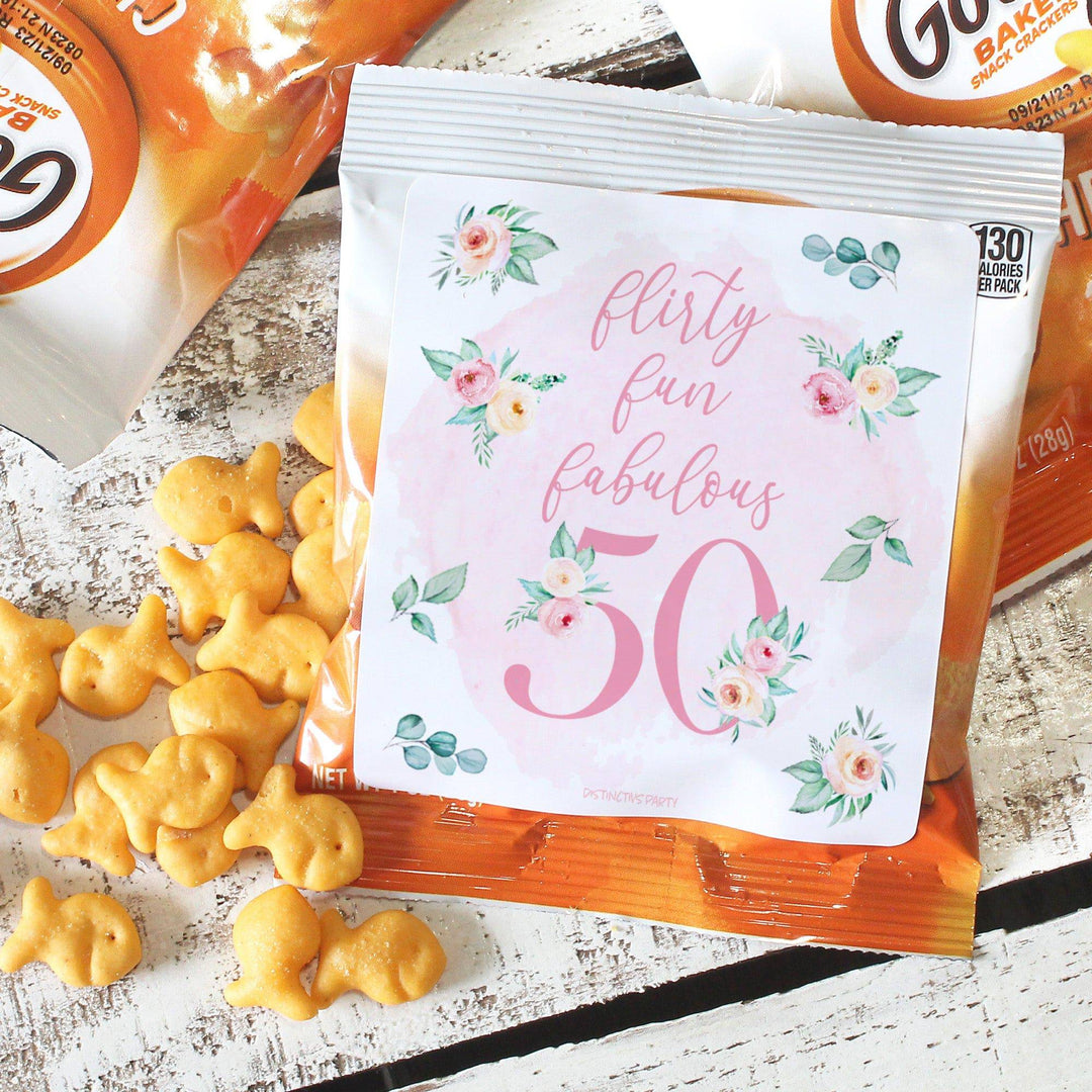 50th Birthday: Floral - Popcorn, Chip Bag, and Snack Bag Stickers - 32 Stickers