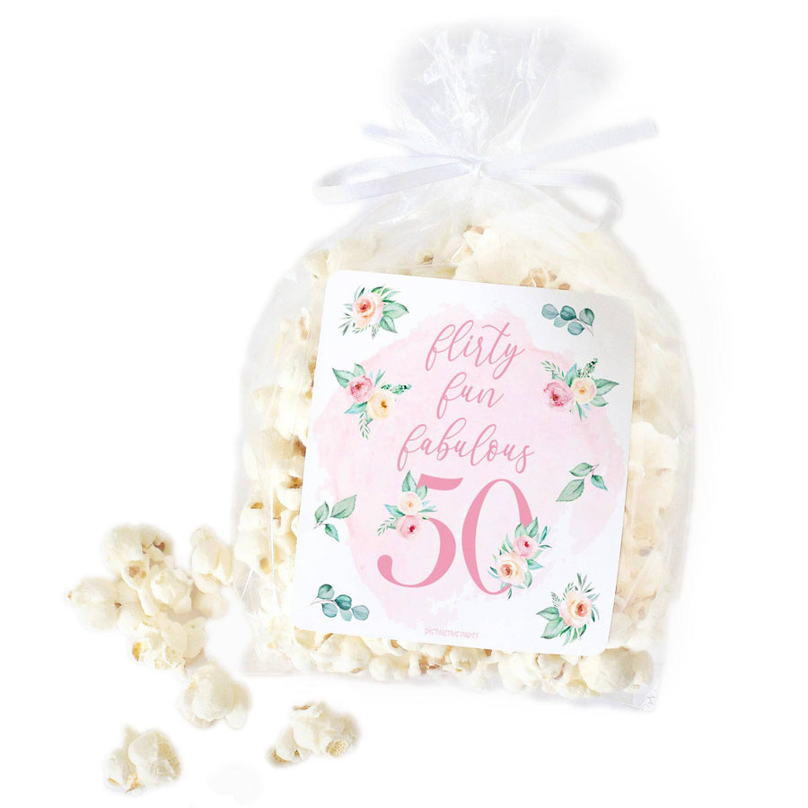 50th Birthday: Floral - Popcorn, Chip Bag, and Snack Bag Stickers - 32 Stickers - Distinctivs Party