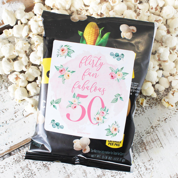 50th Birthday: Floral - Popcorn, Chip Bag, and Snack Bag Stickers - 32 Stickers