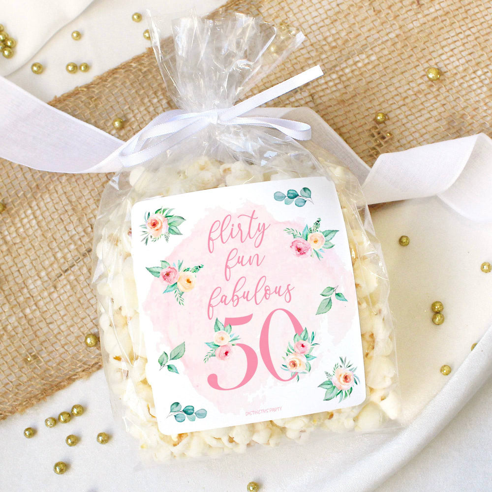 50th Birthday: Floral - Popcorn, Chip Bag, and Snack Bag Stickers - 32 Stickers - Distinctivs Party