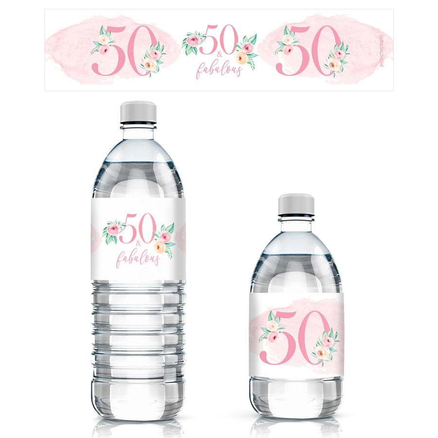 50th Birthday: Floral - Water Bottle Labels - 24 Waterproof Stickers - Distinctivs Party