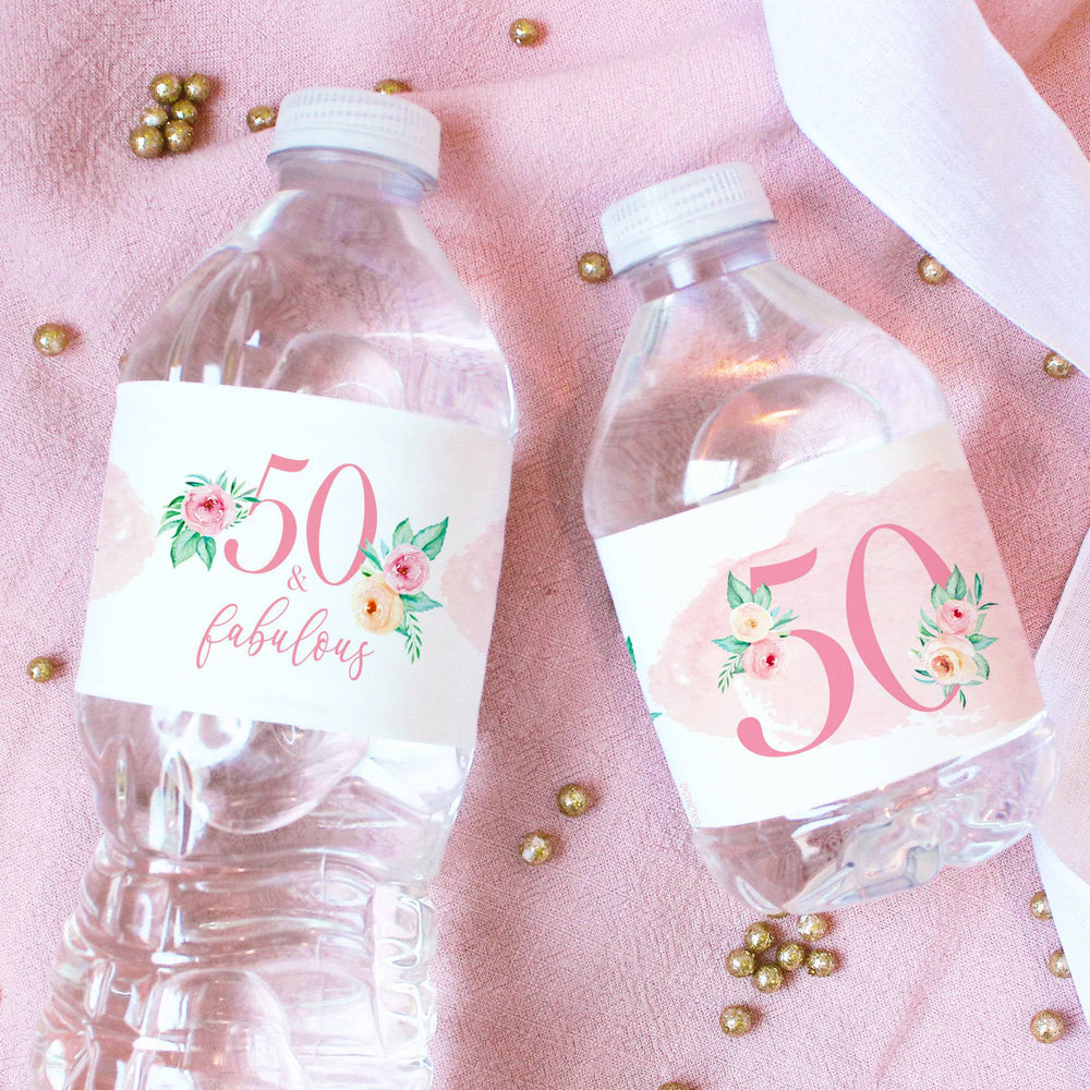 50th Birthday: Floral - Water Bottle Labels - 24 Waterproof Stickers - Distinctivs Party