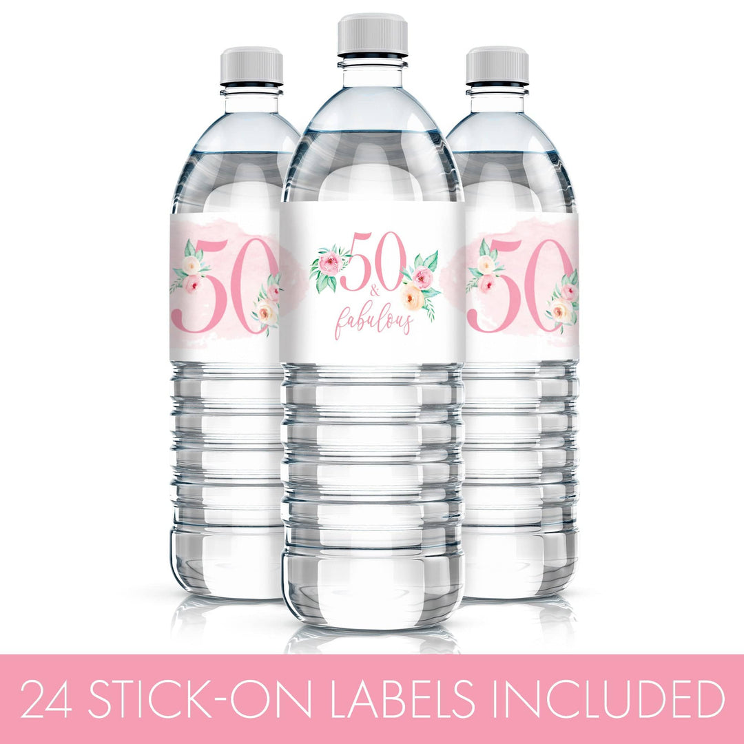 50th Birthday: Floral - Water Bottle Labels - 24 Waterproof Stickers