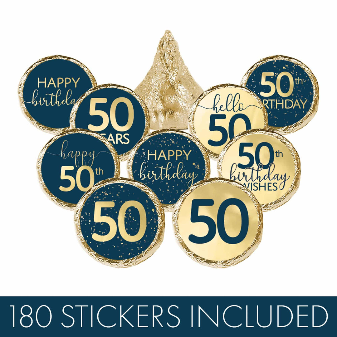 50th Birthday: Navy Blue & Gold - Adult Birthday - Stickers - Fits Hershey's Kisses Candy - Distinctivs Party