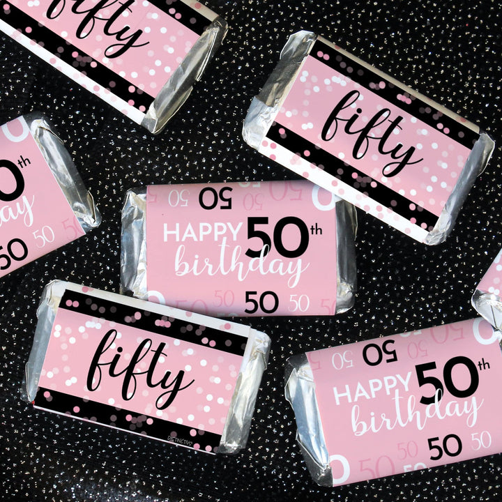 50th Birthday: Pink and Black - Adult Birthday -   Hershey's® Miniatures Candy Bar Wrappers Stickers - Distinctivs Party