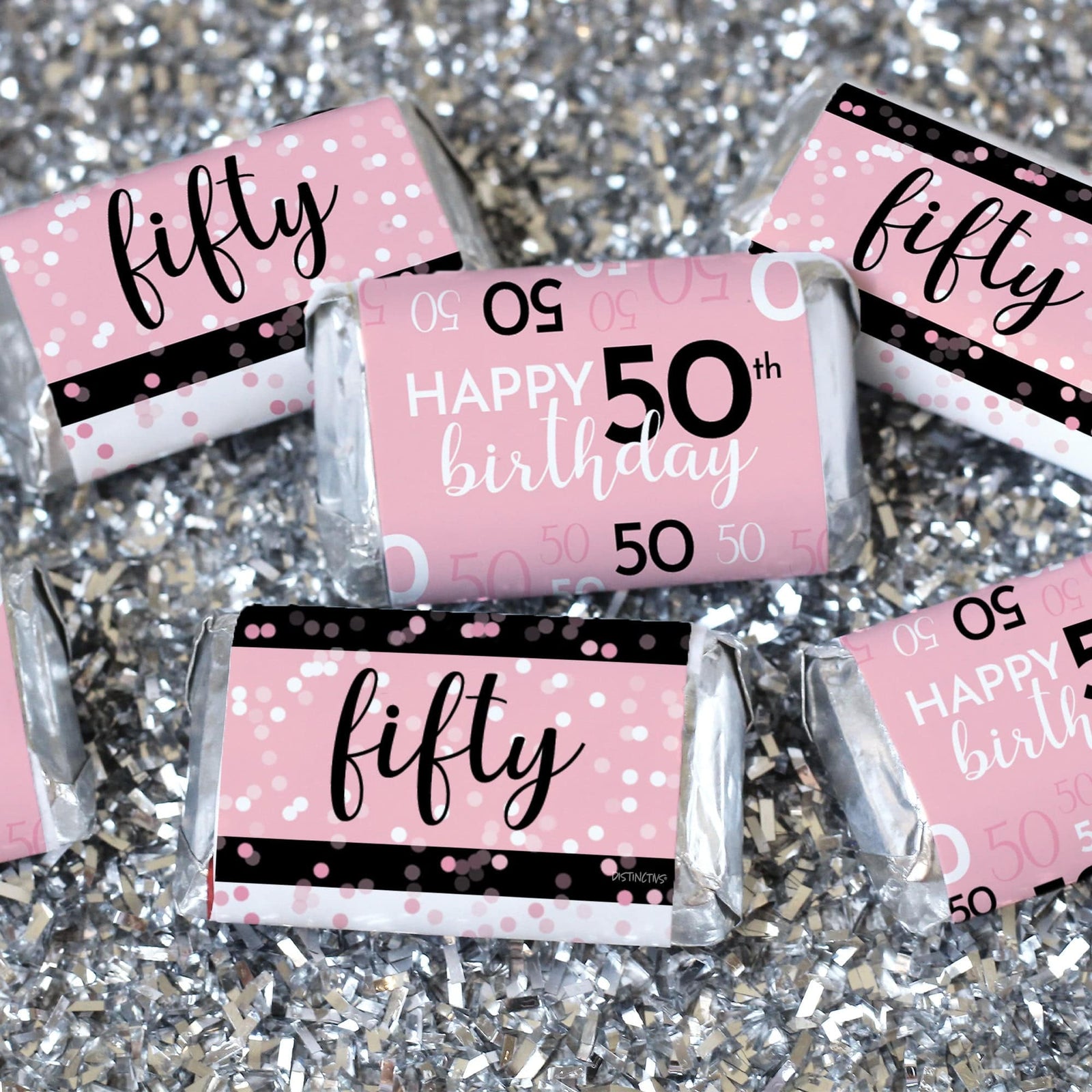 50th Birthday: Pink and Black - Adult Birthday -   Hershey's® Miniatures Candy Bar Wrappers Stickers - Distinctivs Party