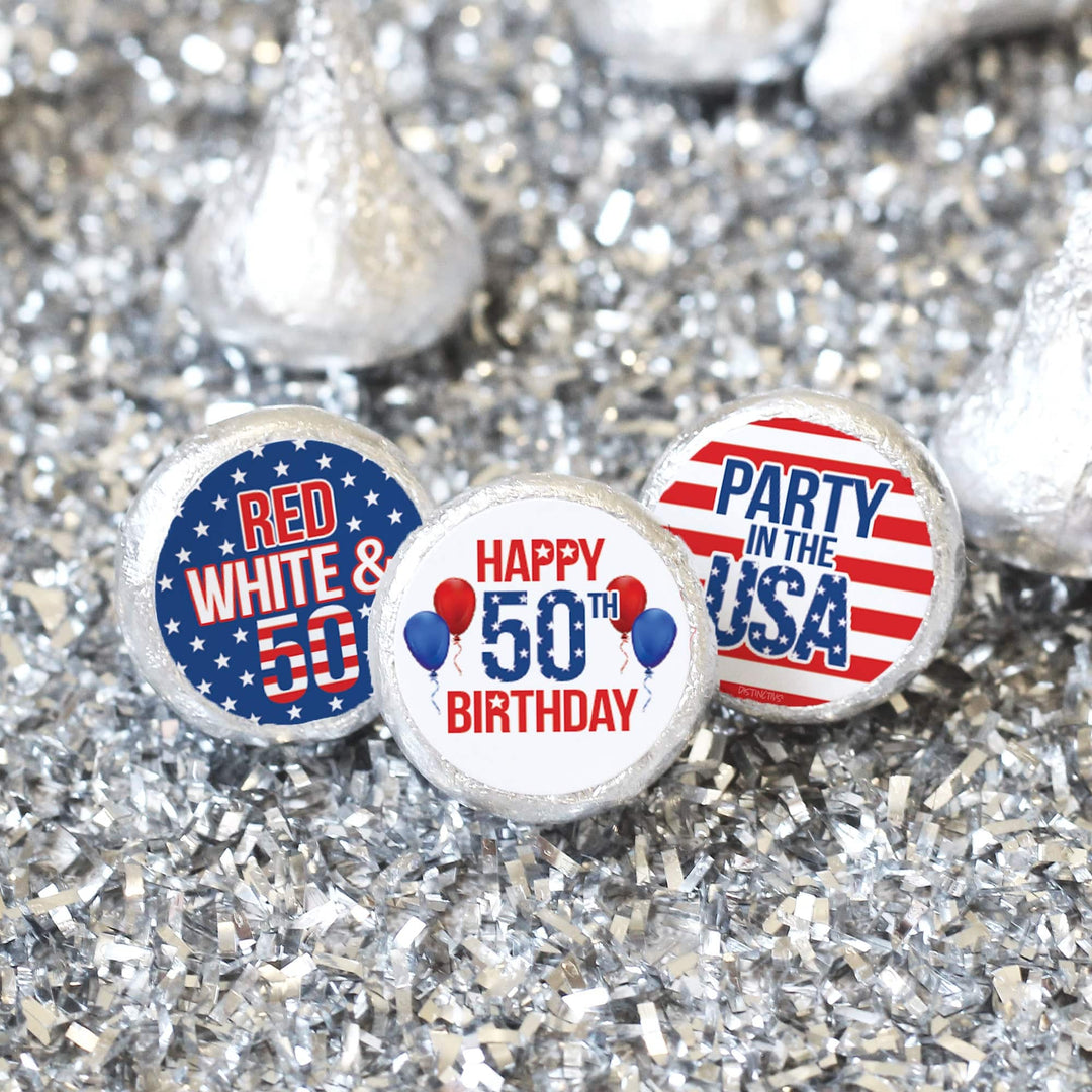 50th Birthday: Red White & Blue - Favor Stickers Fits on Hershey's Kisses - 180 Stickers