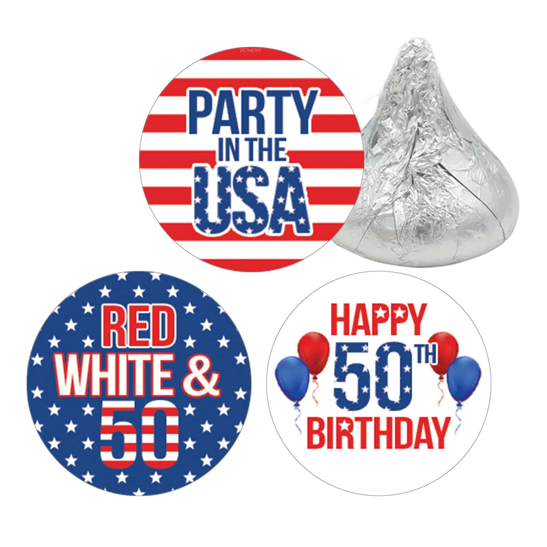 50th Birthday: Red White & Blue - Favor Stickers Fits on Hershey's Kisses - 180 Stickers