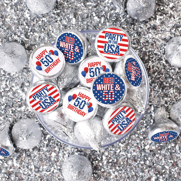 50th Birthday: Red White & Blue - Favor Stickers Fits on Hershey's Kisses - 180 Stickers