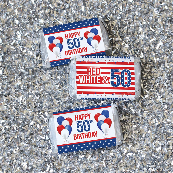 50th Birthday: Red White & Blue - Hershey's Miniatures Candy Bar Wrappers - 45 Stickers