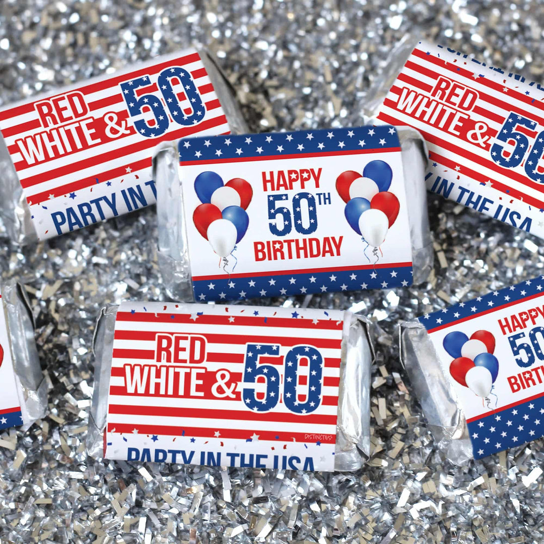 50th Birthday: Red White & Blue - Hershey's Miniatures Candy Bar Wrappers - 45 Stickers