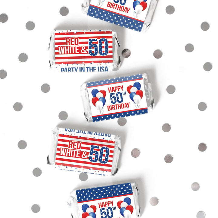 50th Birthday: Red White & Blue - Hershey's Miniatures Candy Bar Wrappers - 45 Stickers